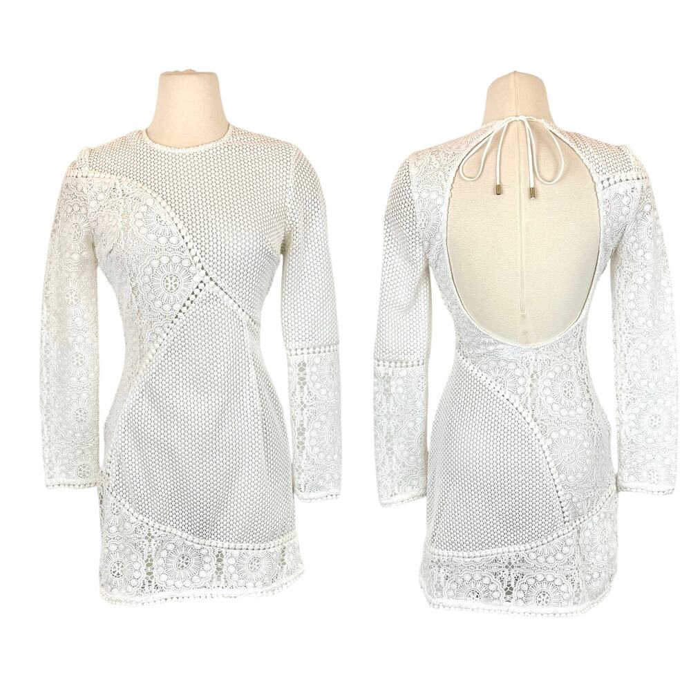 ZIMMERMANN Crochet Bodycon Open-Back Mini Dress Long Sleeve White 0 (US 4)